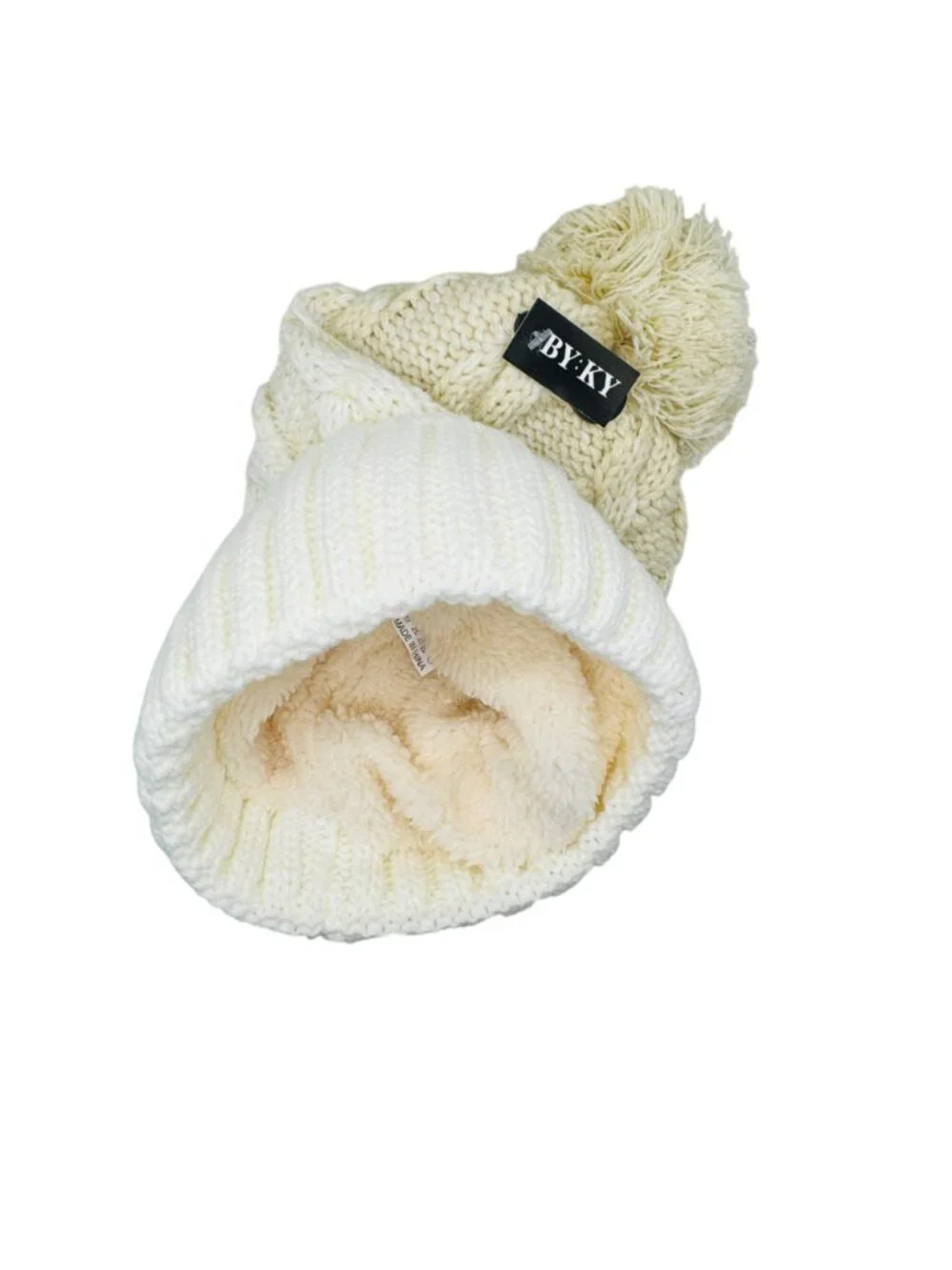 Cable Knit Winter Beanie With Pom-Pom By.Ky Fleece-Lined Warm Acrylic Hat White